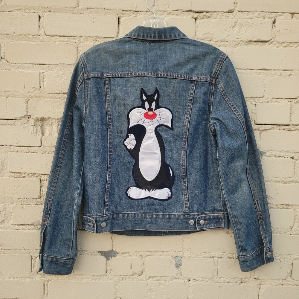 Women's J. Crew Blue Denim Jacket Size Small Patched Sylvester The Cat
